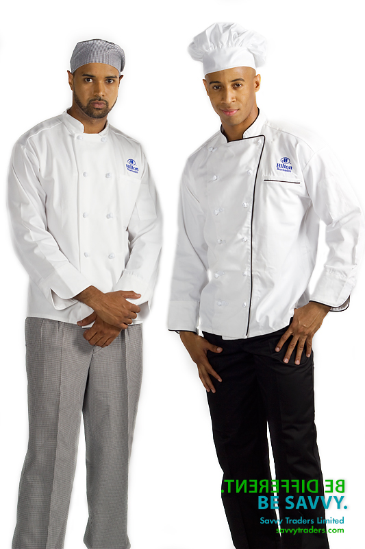 Hilton International embroidered chef coats, hat and trousers