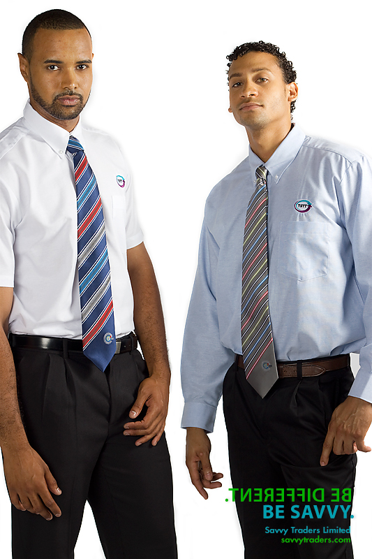 Men's long sleeved shirt and tie with embroidered corporate logo