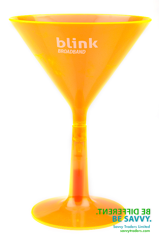 Brandable glow in the dark plastic martini glass for Carnival fetes and promotional events