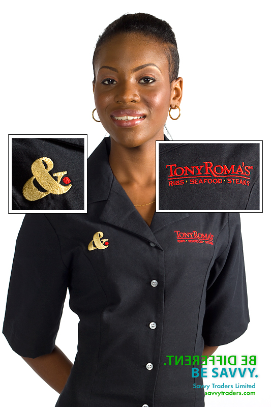 Women's fitted shirt with embroidered corporate logo for restaurant/hospitality industry
